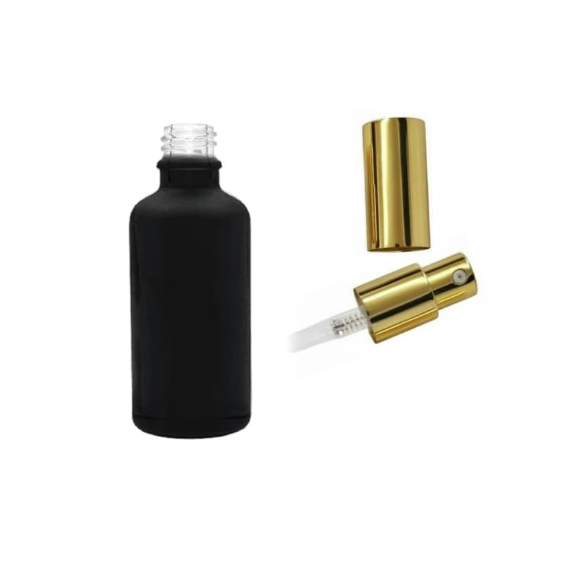 50ml Matte Black Glass Dropper Bottle with Gold Lotion Pump with Gold Over Cap