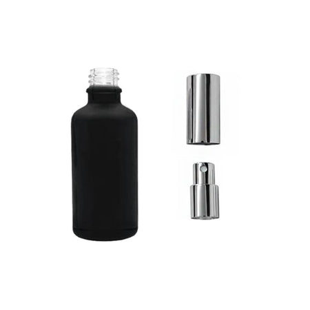 50ml Matte Black Glass Dropper Bottle with Silver Atomiser with Silver Over Cap