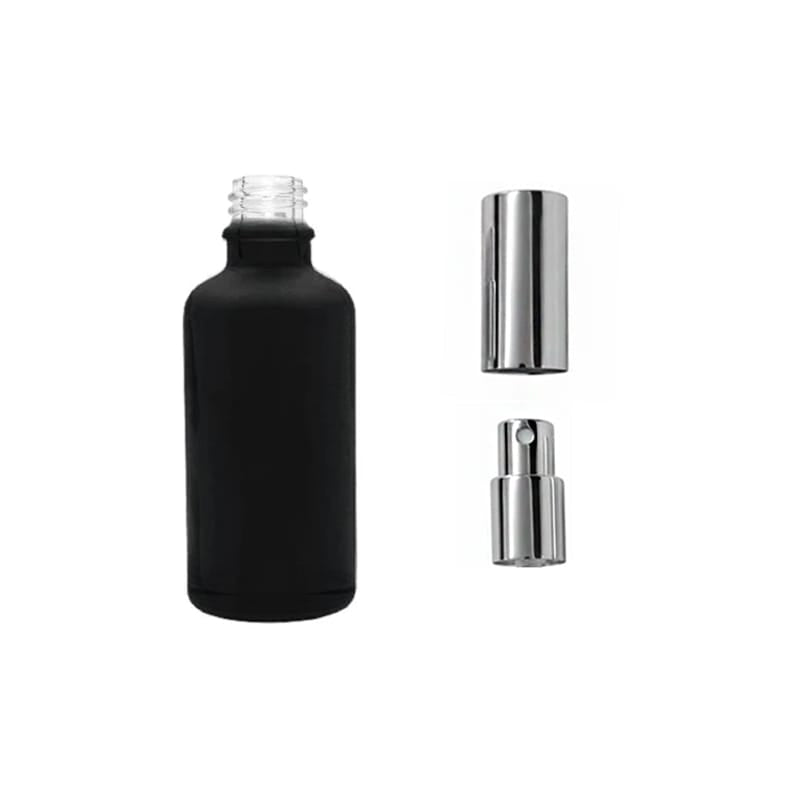 50ml Matte Black Glass Dropper Bottle with Silver Atomiser with Silver Over Cap