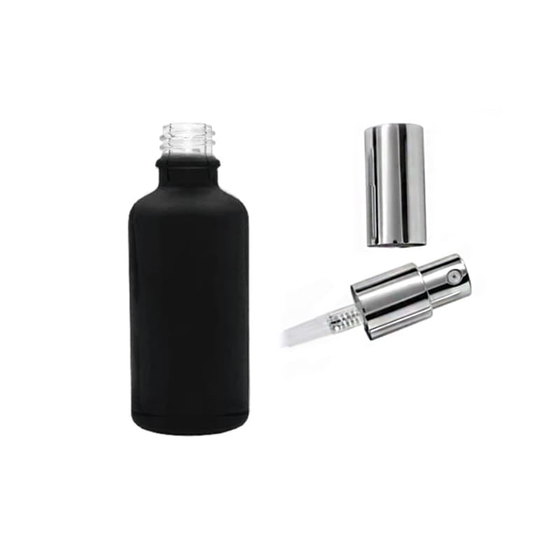 50ml Matte Black Glass Dropper Bottle with Silver Lotion Pump with Silver Over Cap