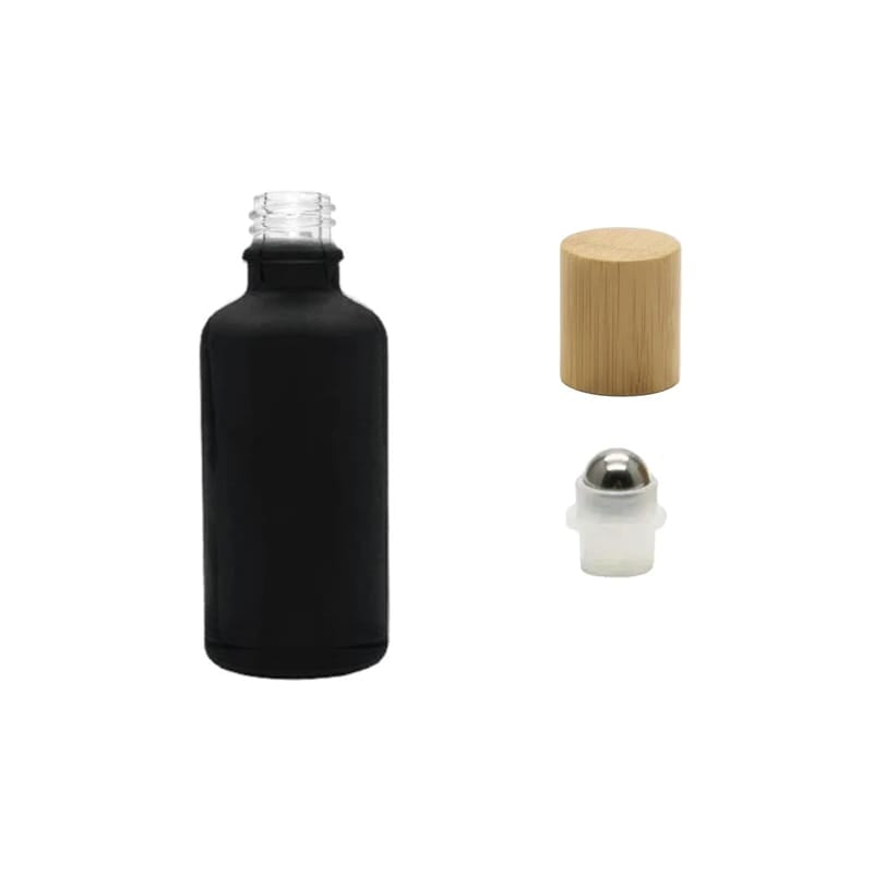 50ml Matte Black Glass Dropper Bottle with Stainless Steel Roller Ball Insert with Bamboo Cap