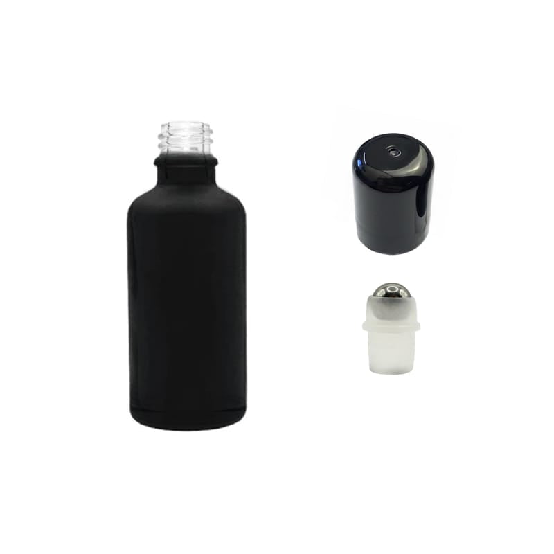 50ml Matte Black Glass Dropper Bottle with Stainless Steel Roller Ball with Plastic Black Cap