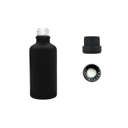 50ml Matte Black Glass Dropper Bottle with Tamper Evident Ribbed Black Cap and EPE Liner (Type III)