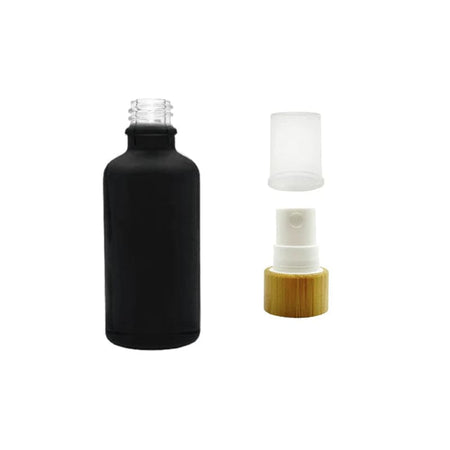 50ml Matte Black Glass Dropper Bottle with White Atomiser with Bamboo Collar and Clear Over Cap
