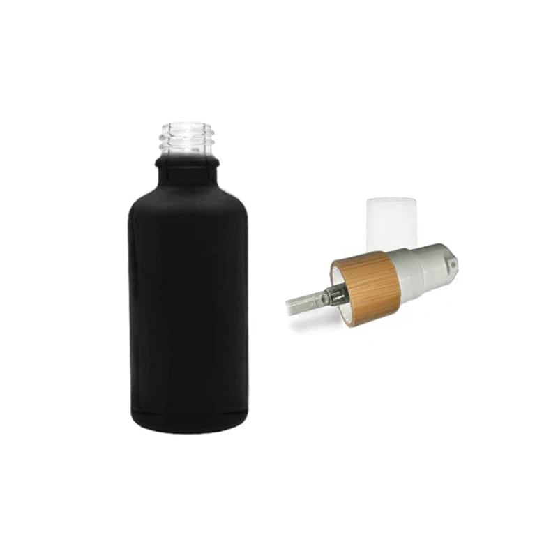 50ml Matte Black Glass Dropper Bottle with White Lotion Pump with Bamboo Collar and Clear Over Cap