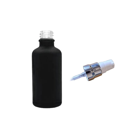 50ml Matte Black Glass Dropper Bottle with White Lotion Pump with Silver Collar and Clear Over Cap