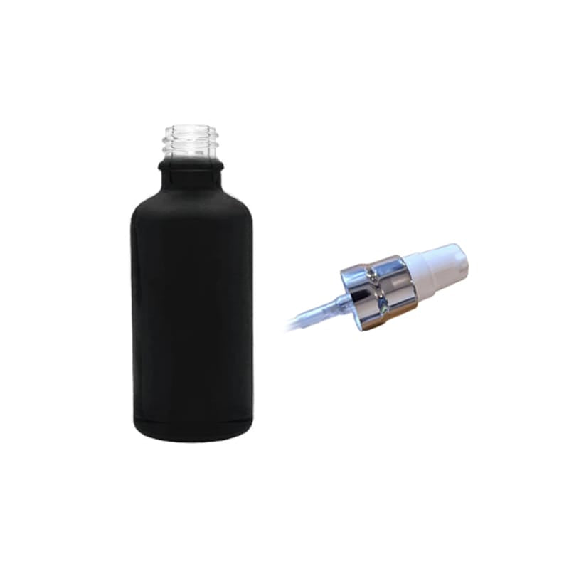 50ml Matte Black Glass Dropper Bottle with White Lotion Pump with Silver Collar and Clear Over Cap