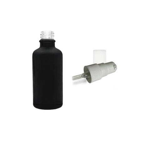 50ml Matte Black Glass Dropper Bottle with White Tamper Evident Lotion Pump and Clear Over Cap (Type III)