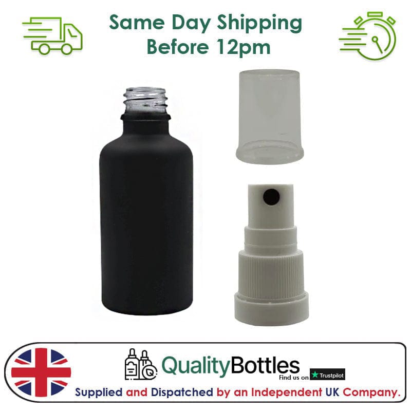 50ml Matte Black Glass Dropper Bottle with White TE Atomiser - Pack of 12