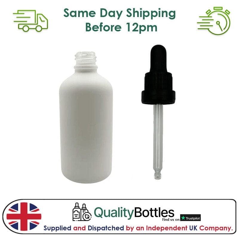50ml Matte White Glass Dropper Bottle with 50ml Black TE BEP - Pack of 12