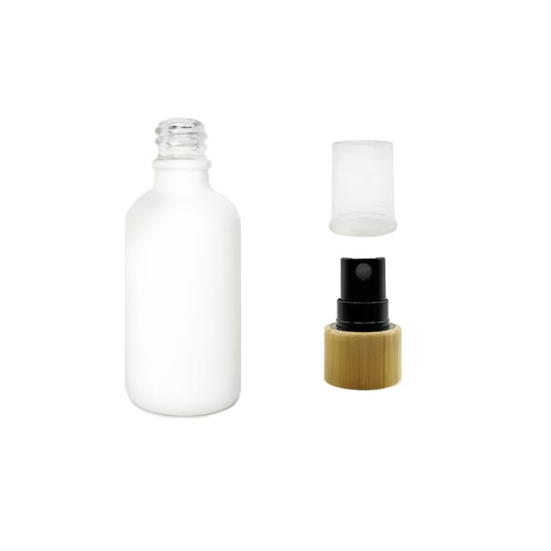 50ml Matte White Glass Dropper Bottle with Black Atomiser with Bamboo Collar and Clear Over Cap