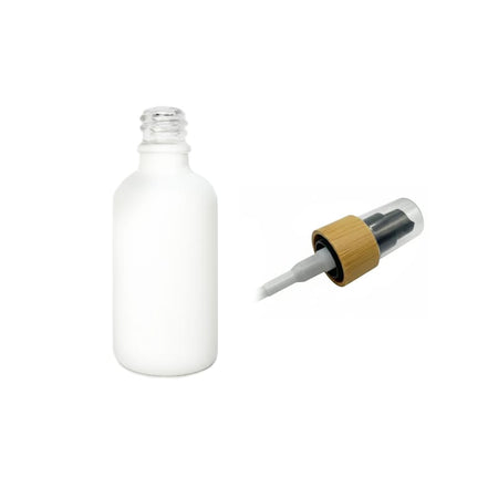 50ml Matte White Glass Dropper Bottle with Black Lotion Pump with Bamboo Collar and Clear Over Cap