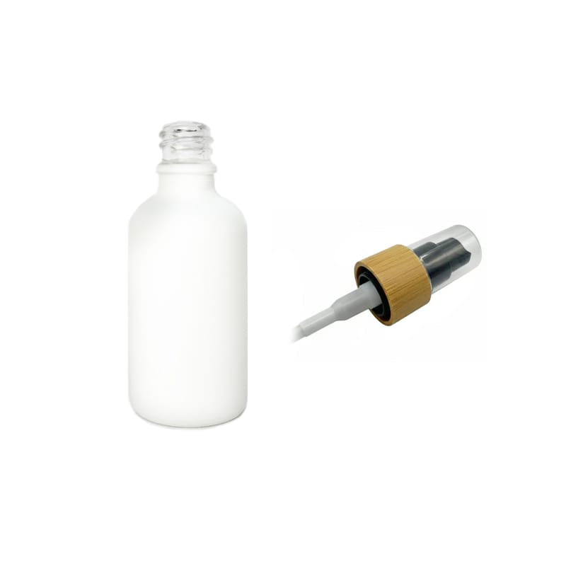 50ml Matte White Glass Dropper Bottle with Black Lotion Pump with Bamboo Collar and Clear Over Cap