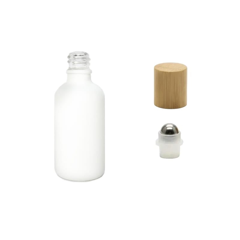 50ml Matte White Glass Dropper Bottle with Stainless Steel Roller Ball Insert with Bamboo Cap