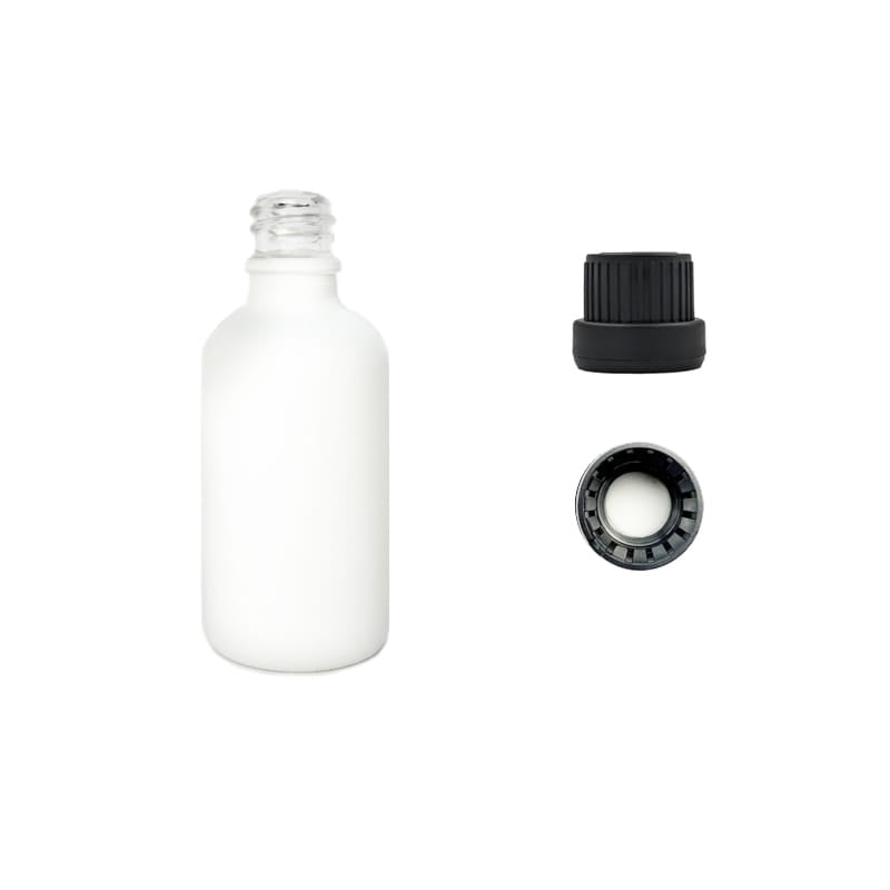 50ml Matte White Glass Dropper Bottle with Tamper Evident Ribbed Black Cap and EPE Liner (Type III)
