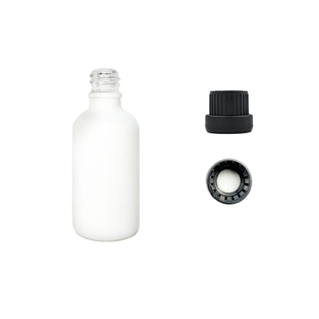 50ml Matte White Glass Dropper Bottle with Tamper Evident Ribbed Black Cap and EPE Liner (Type III)