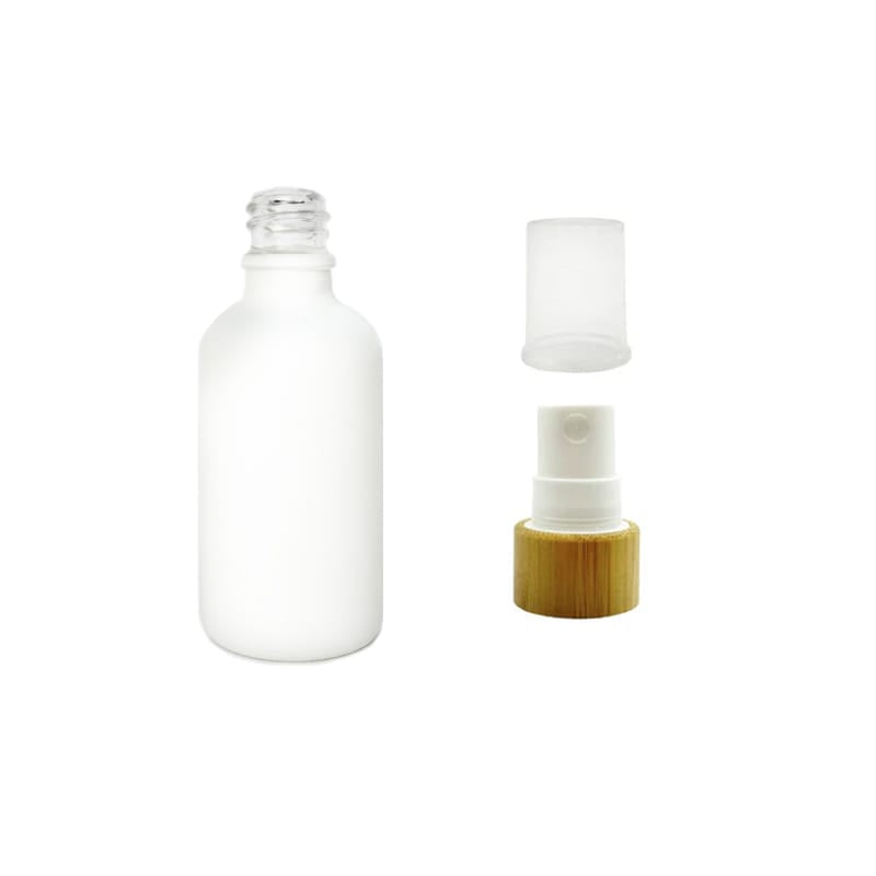 50ml Matte White Glass Dropper Bottle with White Atomiser with Bamboo Collar and Clear Over Cap