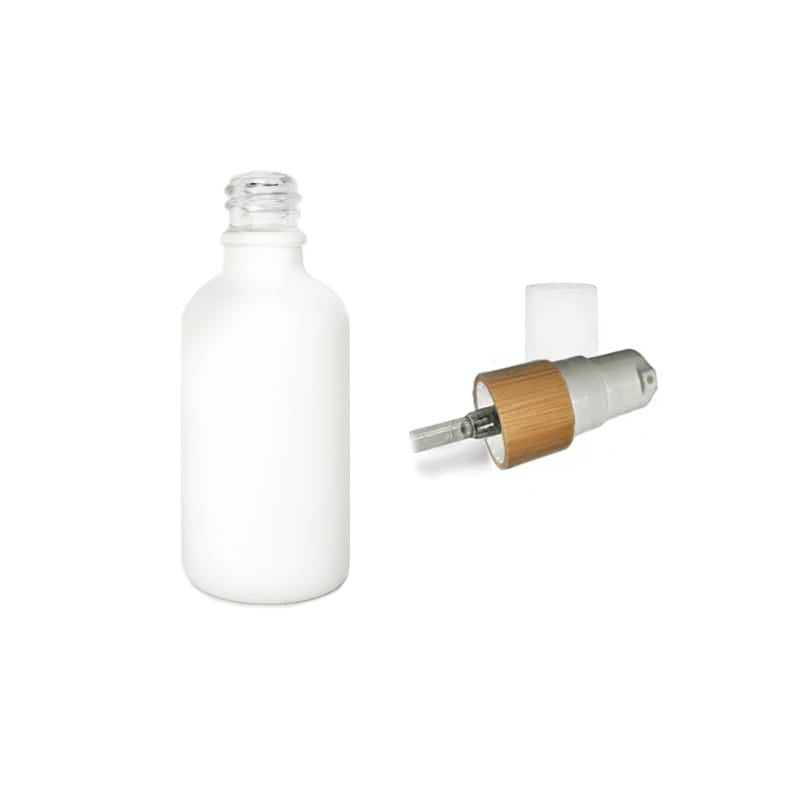 50ml Matte White Glass Dropper Bottle with White Lotion Pump with Bamboo Collar and Clear Over Cap