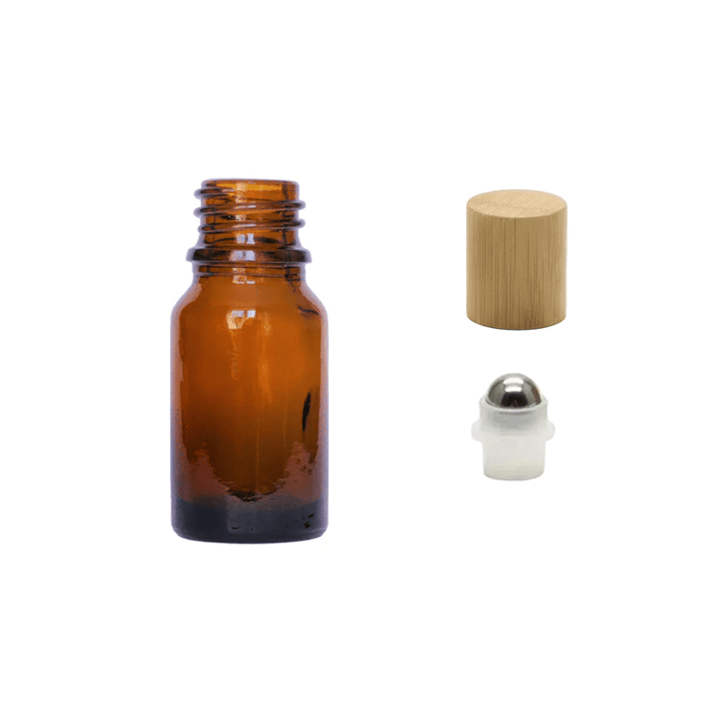 5ml Amber Glass Dropper Bottle with Stainless Steel Roller Ball Insert with Bamboo Cap