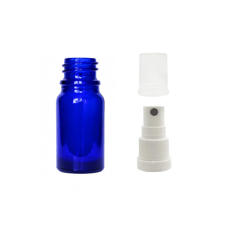 5ml Blue Glass Dropper Bottle & White Tamper Evident Atomiser with Clear Over Cap (Type III)