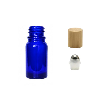 5ml Blue Glass Dropper Bottle with Stainless Steel Roller Ball Insert with Bamboo Cap