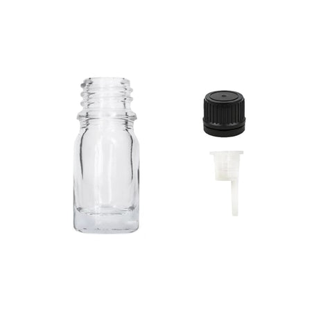 5ml Clear Glass Dropper Bottle with 0.6mm Dripper Insert and Tamper Evident Black Cap (Type II)