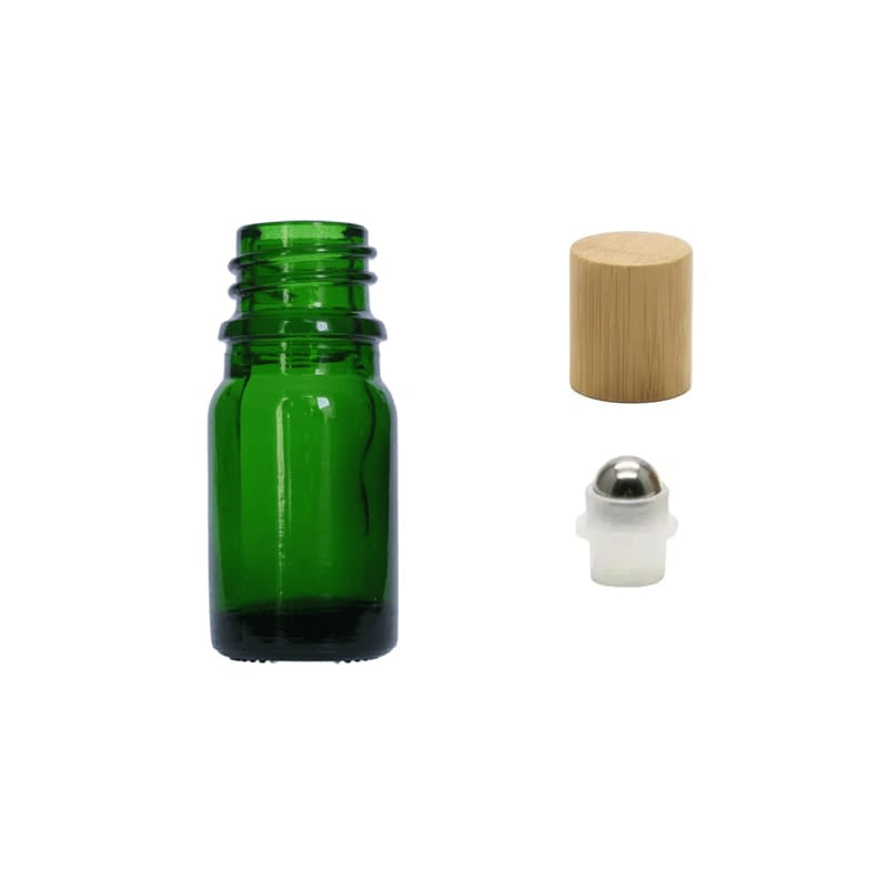 5ml Green Glass Dropper Bottle with Stainless Steel Roller Ball Insert with Bamboo Cap