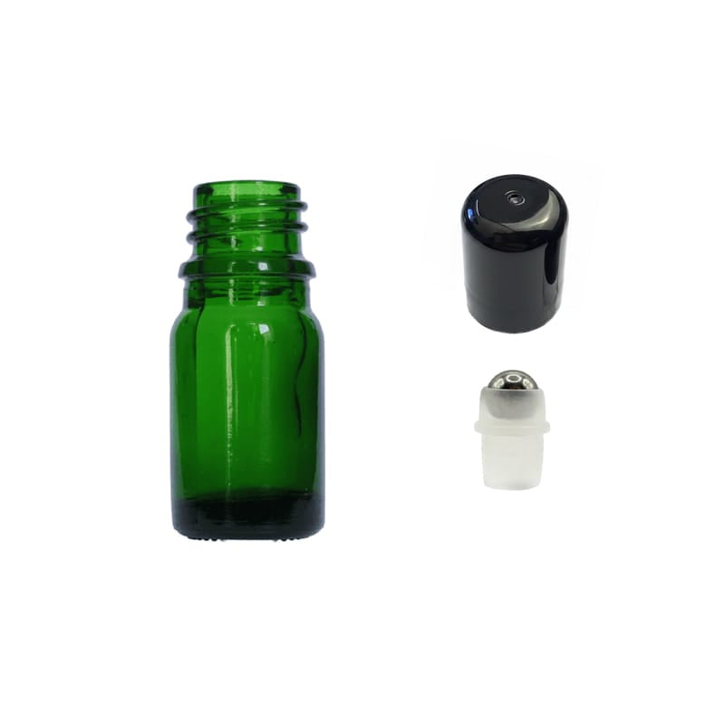 5ml Green Glass Dropper Bottle with Stainless Steel Roller Ball with Plastic Black Cap