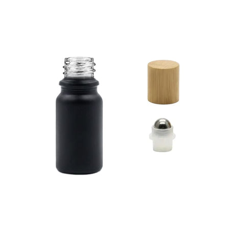 5ml Matte Black Glass Dropper Bottle with Stainless Steel Roller Ball Insert with Bamboo Cap