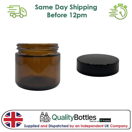 60ml Amber Glass Jar With Black ABS Lid - Pack of 15