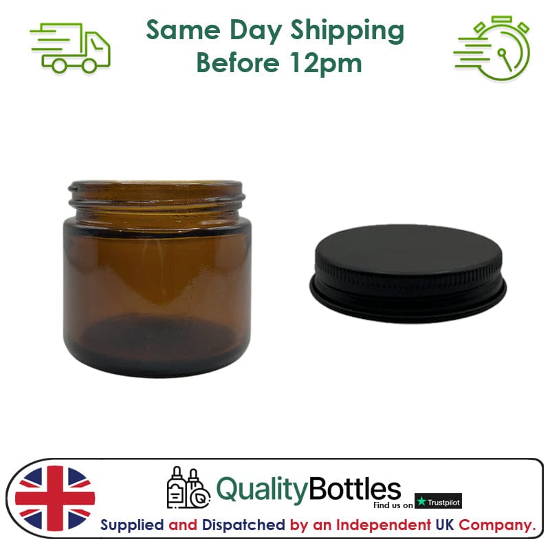 60ml Amber Glass Jar With Matte Black Aluminium Lid - Pack of 15