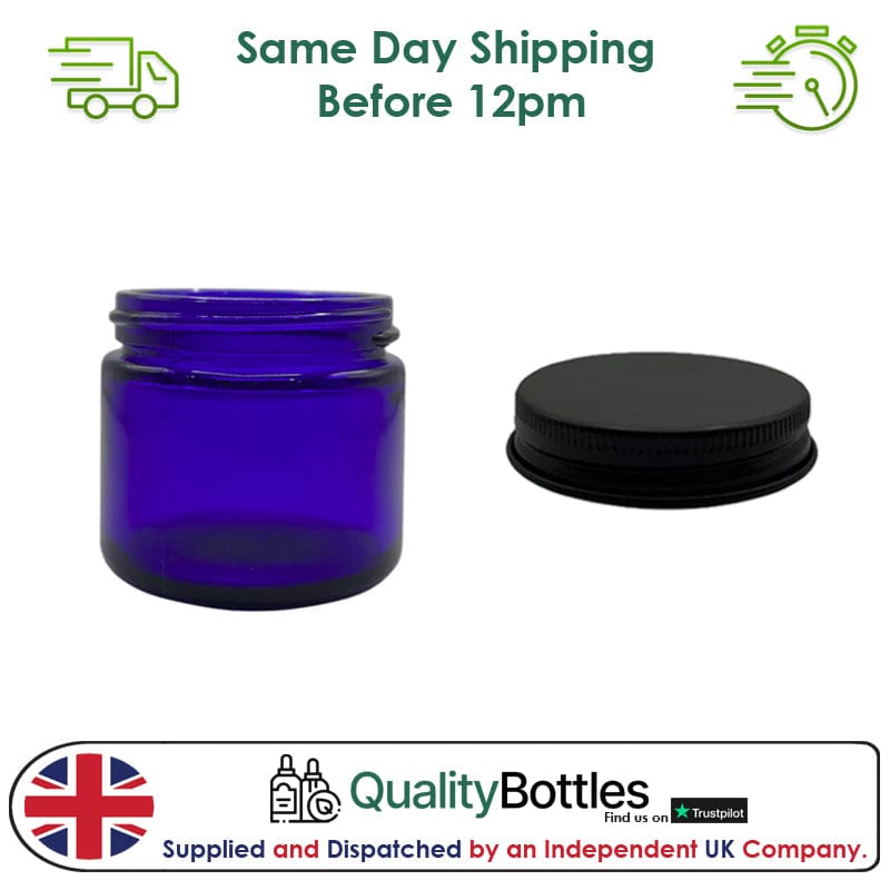 60ml Blue Glass Jar With Matte Black Aluminium Lid - Pack of 15