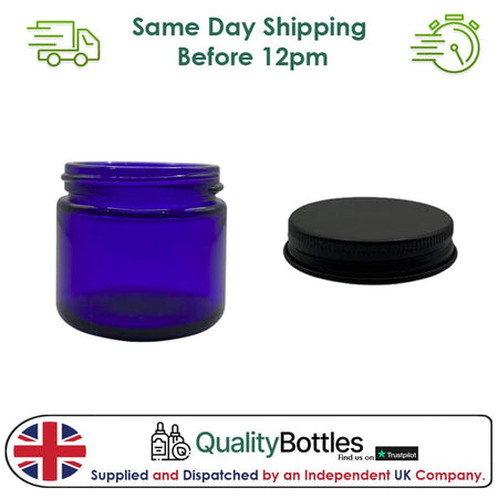 60ml Blue Glass Jar With Matte Black Aluminium Lid - Pack of 15