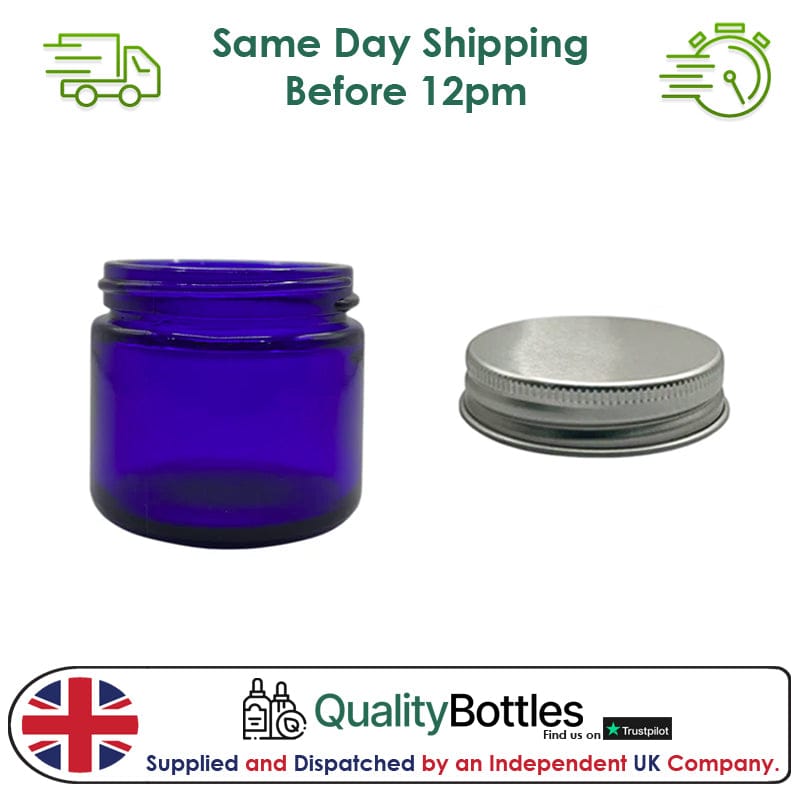 60ml Blue Glass Jar With Silver Aluminium Lid - Pack of 15
