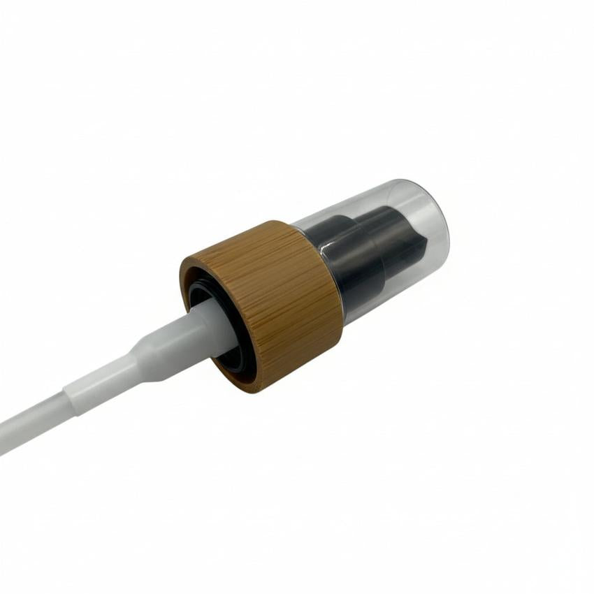 Bamboo Atomiser  and bamboo Lotion pump with Black dispenser and clear cap