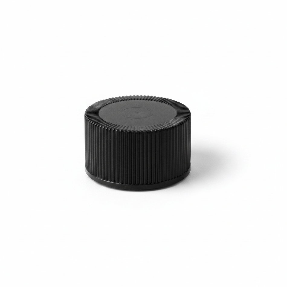 Black PP Plastic Wadded Ribbed Cap 28mm (Polypropylene)