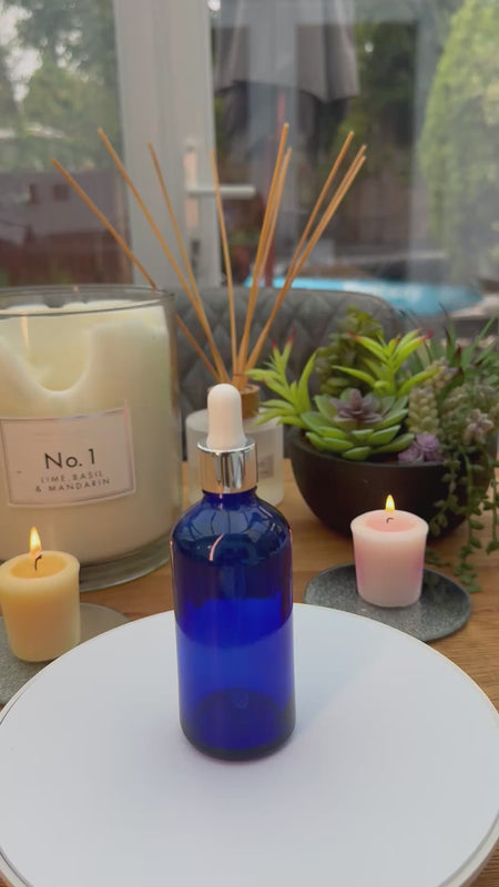 100ml Blue glass dropper bottle with silver and white bulb dropper assembly