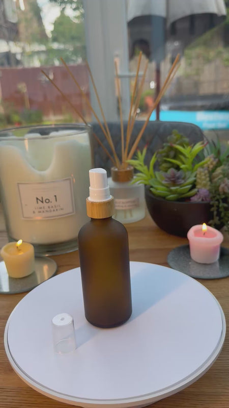 100ml Frosted Amber Bottle with Bamboo and White Atomiser on bottle
