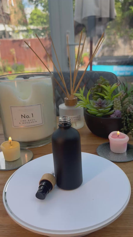 100ml matte black glass Bottle with Bamboo and black  atomiser carousel
