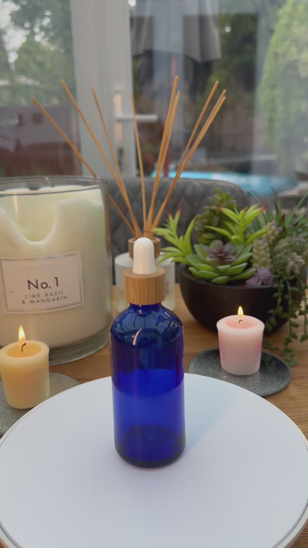 100ml Blue glass dropper bottle with bamboo and white bulb dropper assembly