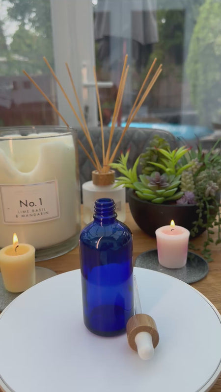 100ml Blue glass dropper bottle with bamboo and white bulb dropper assembly