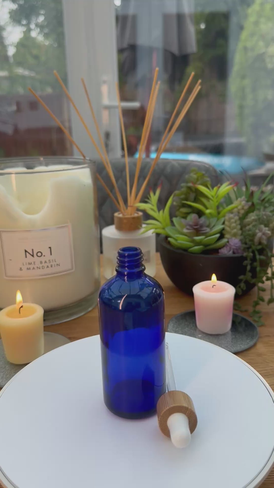 100ml Blue glass dropper bottle with bamboo and white bulb dropper assembly