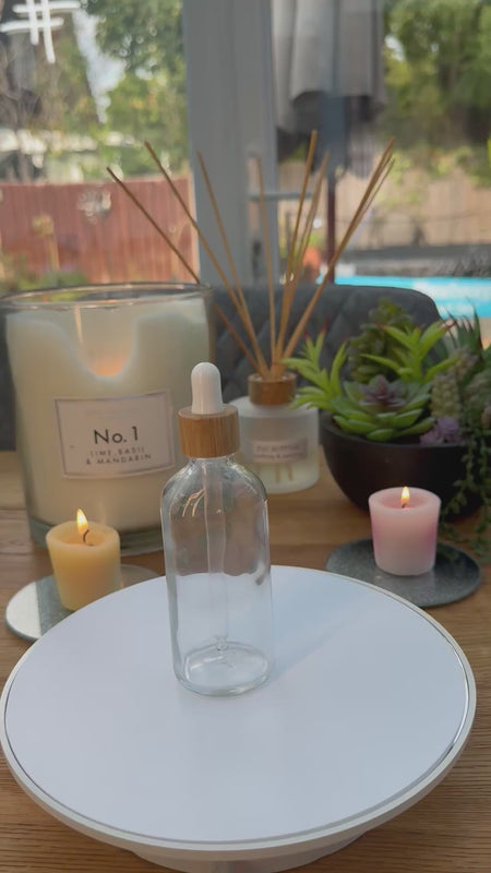 100ml Clear glass Bottle with Bamboo and White Bulb Dropper assembly