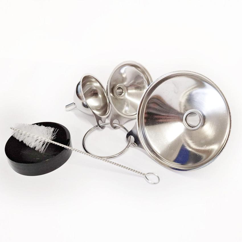 Stainless Steel Funnel Set - 3 Sizes (Small, Medium, Large) with Nylon Cleaning Brush