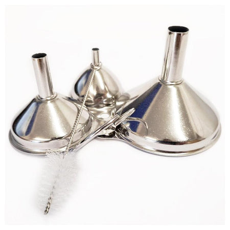 Stainless Steel Funnel Set - 3 Sizes (Small, Medium, Large) with Nylon Cleaning Brush