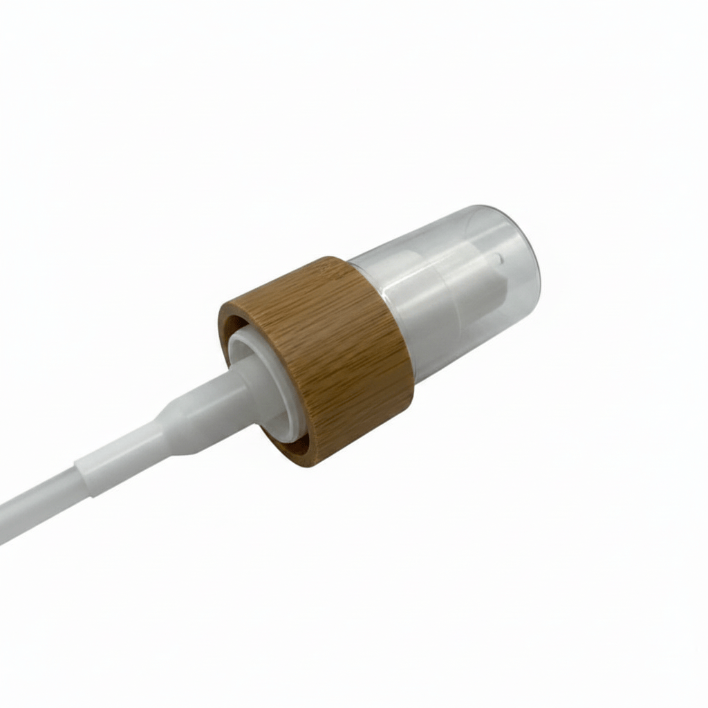 White Lotion Pump with Bamboo Collar and Clear Over Cap
