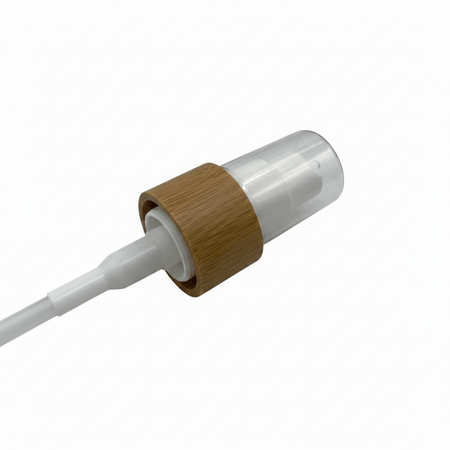 White Lotion Pump with Bamboo Collar and Clear Over Cap
