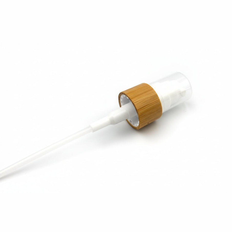 White Lotion Pump with Bamboo Collar and Clear Over Cap